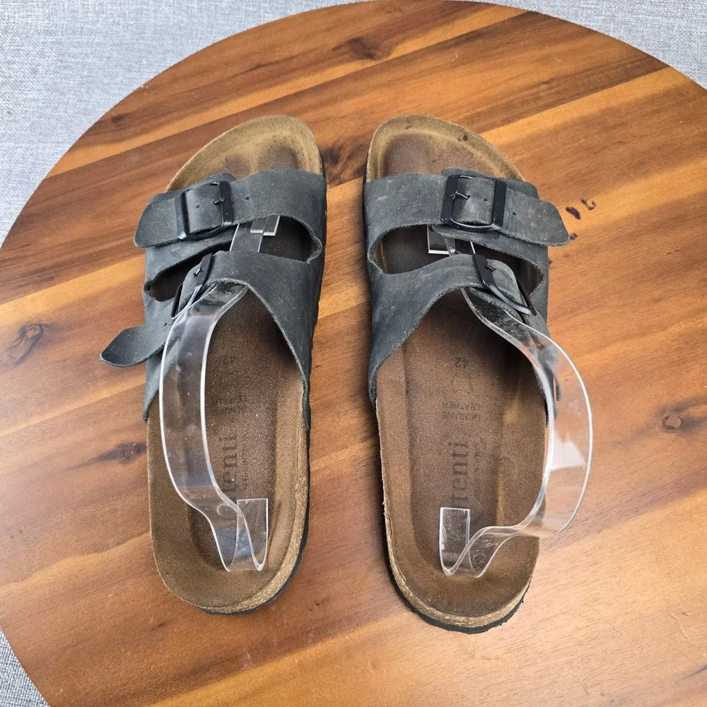 Aurenti Genuine Leather Black Double Strap Buckle Cork Footbed SlideSandals SZ11